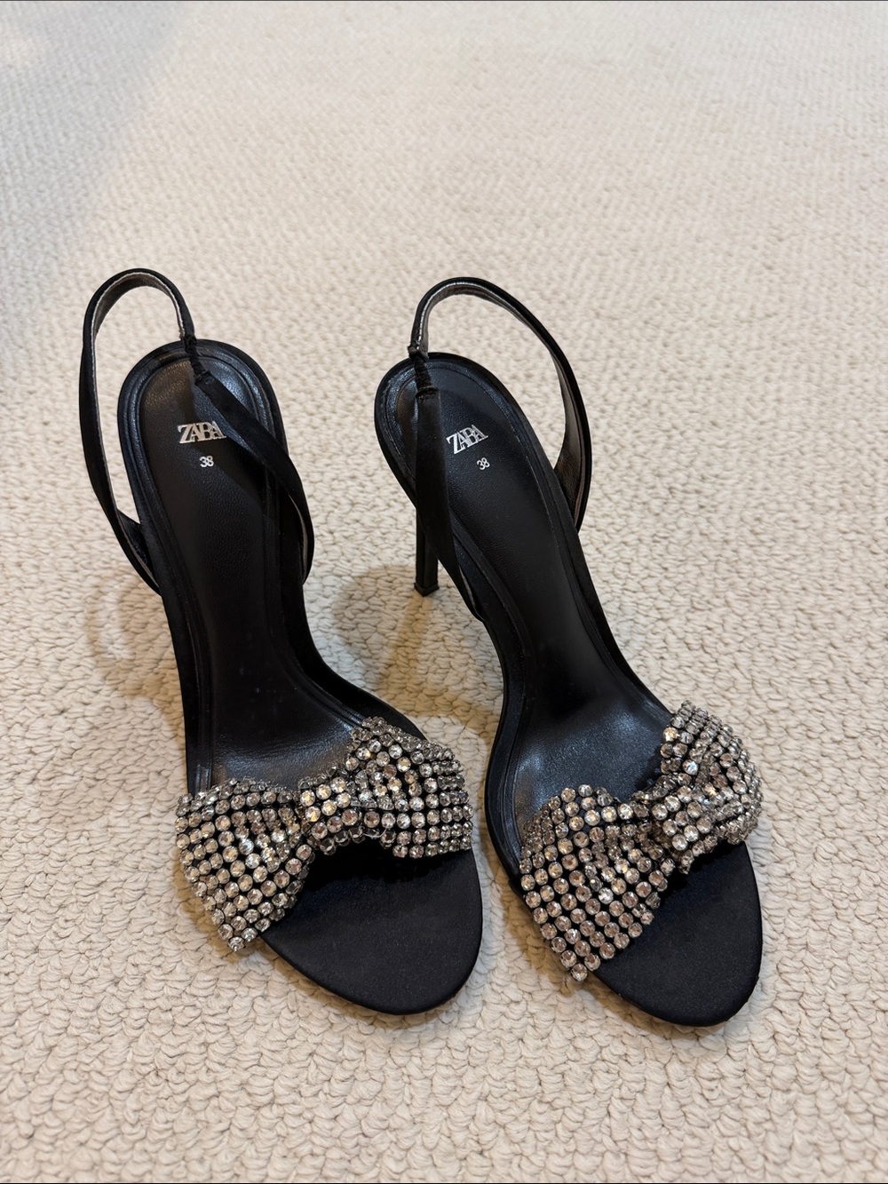 Zara Black Slingback Heels with Sparkling Crystal Bow
